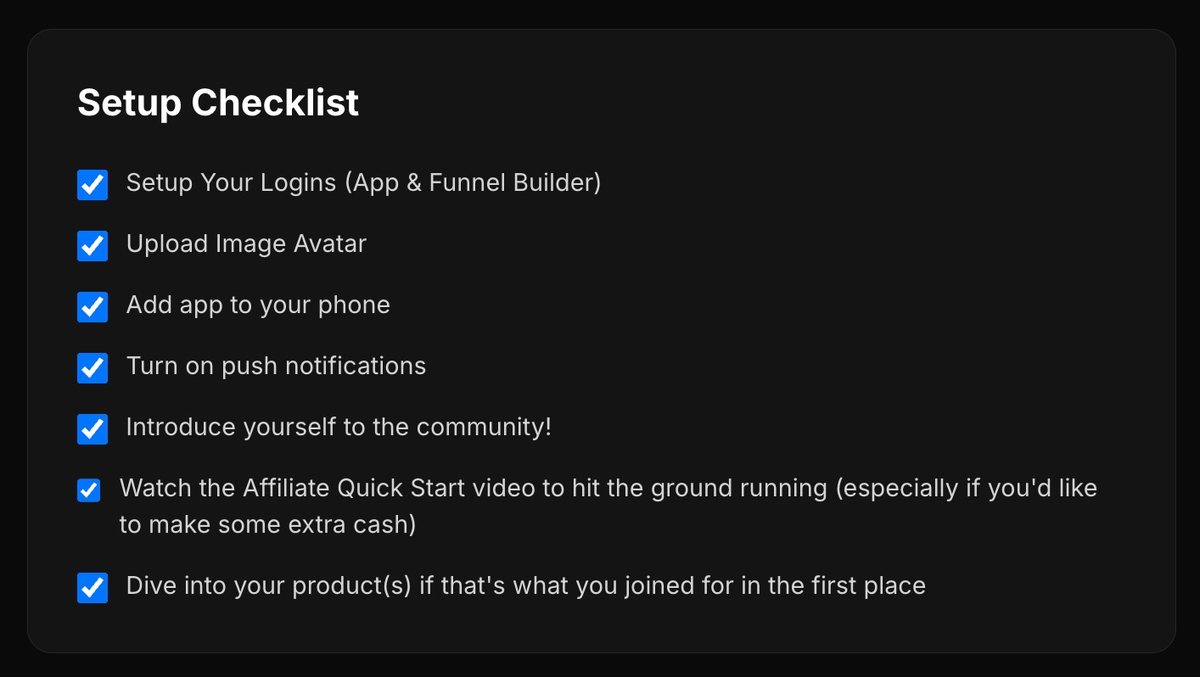 The thehba.app/setup checklist with the five lines above ticked