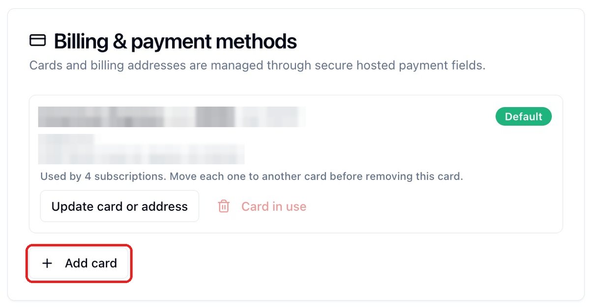 HBA Profile › Manage subscription, with the card on file and the Add backup card control circled