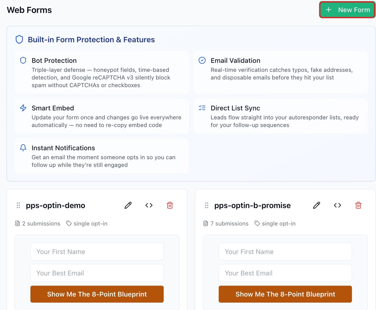 The Emailer's Forms and Webhooks screen with the + New Form button circled