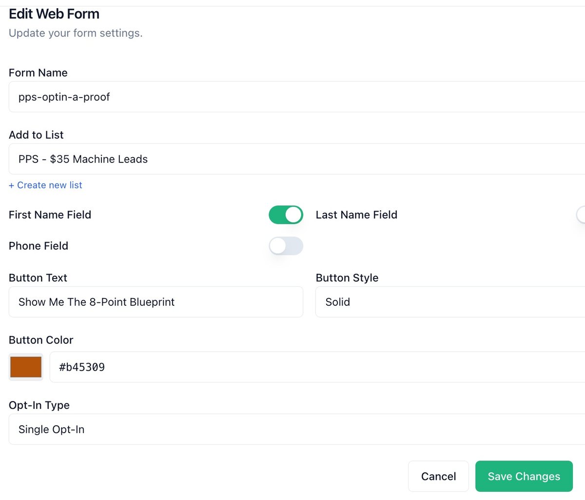The finished form settings on Rob's own form, pps-optin-a-proof: two fields, Single opt-in, button text and color set