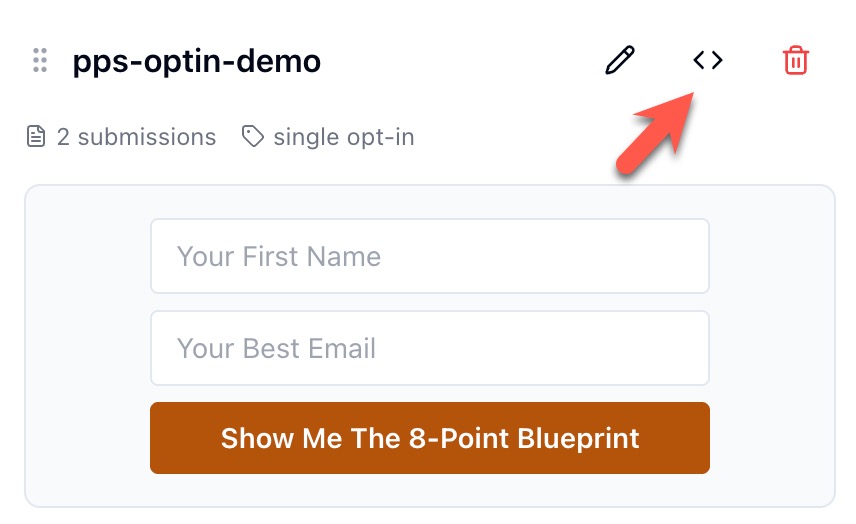 The form card, with the embed-code icon between the pencil and the bin pointed out