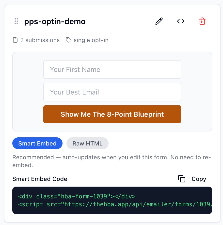 The Smart Embed Code box showing div class hba-form-1039