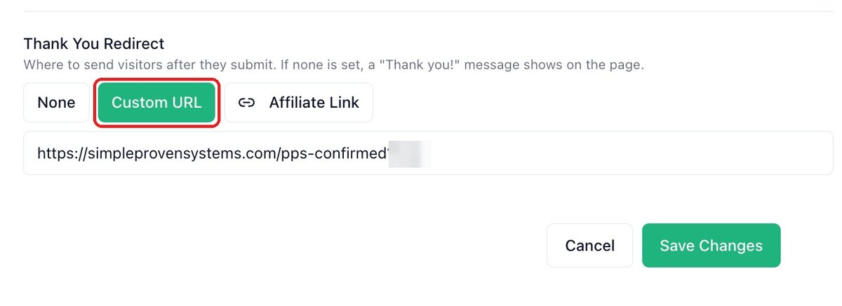 The pps-optin form's Thank You Redirect set to Custom URL, with the pasted link