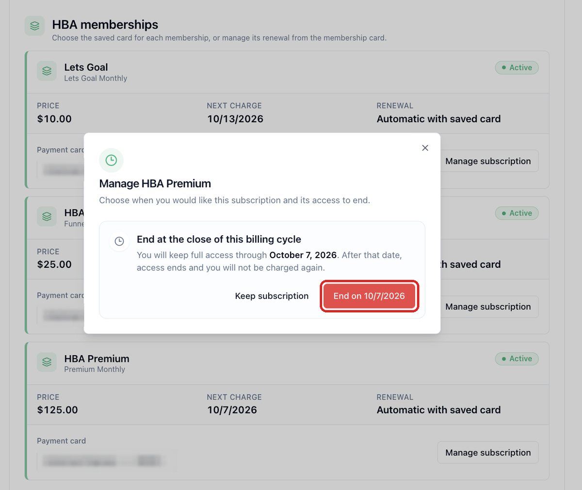 HBA Profile › Manage subscription with the Premium line and its cancel control circled