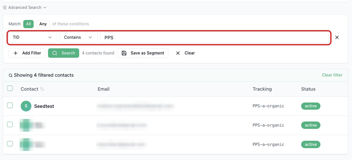 Advanced Search with the TID filter set and a few results showing